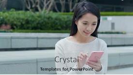  Presentation with sms - Presentation theme featuring woman sending sms on smart phone at outdoor background and a light gray colored foreground