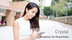  Presentation with sms - Amazing PPT theme having woman sending sms on smart phone backdrop and a white colored foreground