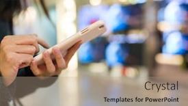  Presentation with text message - Beautiful presentation theme featuring woman sending text message on smart phone backdrop and a coral colored foreground