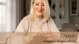  Presentation with needles - Slide deck with woman-senior-adult-knitting-concept background and a coral colored foreground