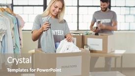  Presentation with donation - Theme featuring woman separating clothes from donation box in office background and a coral colored foreground