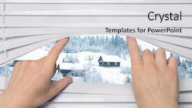  Presentation with blind - Colorful presentation design enhanced with woman separating slats of blinds backdrop and a light gray colored foreground