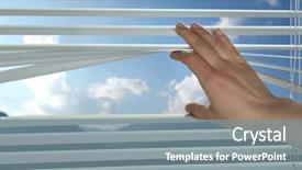  Presentation with guide dog helping blind woman - PPT layouts having louvre - woman separating slats of blinds background and a seafoam green colored foreground