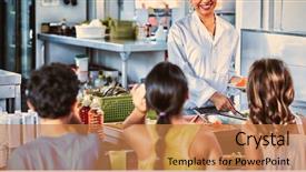  Presentation with food - Slide deck having woman serving food to schoolchildren background and a coral colored foreground