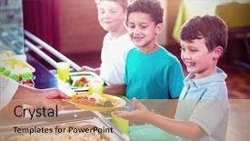  Presentation with navy food service - Cool new PPT theme with woman serving food to schoolchildren backdrop and a coral colored foreground