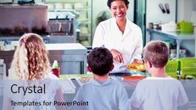  Presentation with food moisture remover - Presentation design consisting of woman serving food to schoolchildren background and a light blue colored foreground