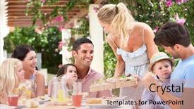  Presentation with families - Colorful PPT theme enhanced with woman serving meal to two backdrop and a coral colored foreground