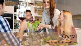  Presentation with people enjoying - Beautiful PPT theme featuring happy smiling people eating together backdrop and a coral colored foreground