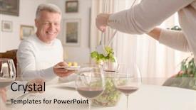  Presentation with dining table - PPT theme enhanced with woman serving salad to smiling background and a  colored foreground