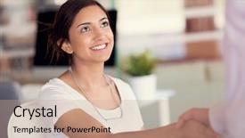  Presentation with shaking hands - Slide deck enhanced with woman shaking hands with someone background and a coral colored foreground