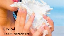  Presentation with shell - Cool new slide deck with woman shell portrait backdrop and a coral colored foreground