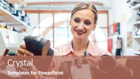  Presentation with shoes - Audience pleasing PPT theme consisting of woman-shoemaker-taking-shoes backdrop and a coral colored foreground