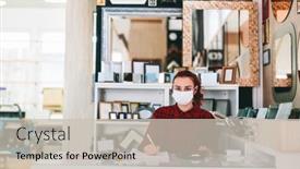  Presentation with wearing a surgical face mask - Presentation design consisting of woman-shop-assistant-with-face background and a soft green colored foreground