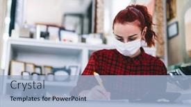  Presentation with face mask - Colorful presentation theme enhanced with woman-shop-assistant-with-face backdrop and a light blue colored foreground