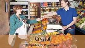  Presentation with food market - Presentation theme having woman shopping for fresh food background and a gold colored foreground