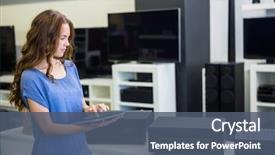  Presentation with electronics - Presentation theme featuring woman shopping for new electronics background and a ocean colored foreground