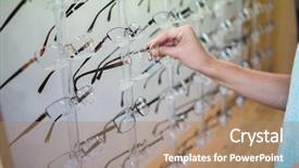  Presentation with optometry - Presentation design consisting of woman shopping for new glasses at the optometry store background and a coral colored foreground
