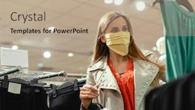  Presentation with face mask - Presentation theme featuring woman-shopping-in-fashion-store background and a coral colored foreground