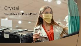  Presentation with face mask - Cool new slide deck with woman-shopping-in-fashion-store backdrop and a coral colored foreground