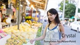  Presentation with street food - PPT theme featuring woman shopping in hawker background and a light blue colored foreground
