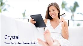  Presentation with money online shopping - Amazing presentation having woman shopping on tablet computer backdrop and a sky blue colored foreground
