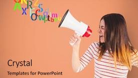  Presentation with dropping letters - Amazing presentation theme having woman shouting by the megaphone backdrop and a coral colored foreground