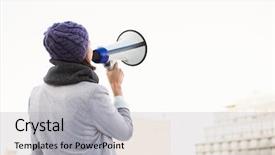  Presentation with rear view mirror - Audience pleasing PPT layouts consisting of woman shouting with megaphone outdoor backdrop and a  colored foreground