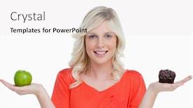  Presentation with muffin - Presentation having woman showing a great smile while holding a chocolate muffin and a green apple background and a white colored foreground