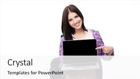  Presentation with weight loss woman showing - Presentation design enhanced with woman showing finger on laptop background and a white colored foreground