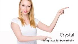  Presentation with finger point - Beautiful slide set featuring woman showing finger point up backdrop and a sky blue colored foreground