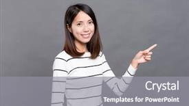  Presentation with finger point - Slide deck enhanced with woman-showing-finger-point-up background and a gray colored foreground