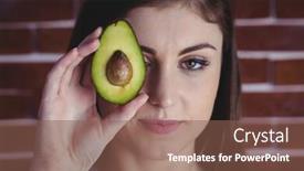  Presentation with fresh avocado - Amazing slide deck having woman showing fresh avocado on red brick background backdrop and a violet colored foreground