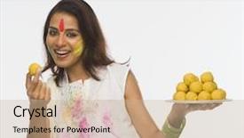  Presentation with holi - Colorful PPT theme enhanced with enjoying holiness - woman showing laddu on holi backdrop and a coral colored foreground