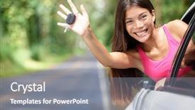  Presentation with woman car driver map - PPT theme featuring woman showing new car keys background and a gray colored foreground