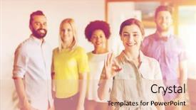  Presentation with young business people - Colorful PPT theme enhanced with woman showing ok hand sig backdrop and a lemonade colored foreground