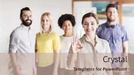  Presentation with young business people - Slide deck consisting of woman showing ok hand sig background and a coral colored foreground