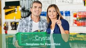  Presentation with hardware - Beautiful presentation theme featuring woman showing something to man holding basket of tools in hardware store backdrop and a ocean colored foreground