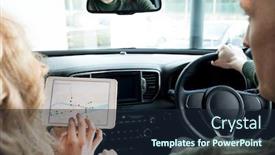  Presentation with tablet - Presentation theme featuring woman-showing-tablet-computer background and a wine colored foreground