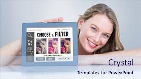  Presentation with smartphone app - PPT theme enhanced with woman showing tablet pc against smartphone app menu background and a sky blue colored foreground