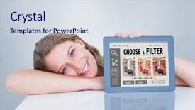  Presentation with smartphone app - Slides having woman showing tablet pc against smartphone app menu background and a sky blue colored foreground