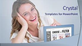  Presentation with smartphone app - Theme enhanced with woman showing tablet pc against smartphone app menu background and a sky blue colored foreground