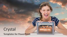  Presentation with blue orange - Colorful theme enhanced with woman showing tablet pc against blue and orange sky with clouds backdrop and a coral colored foreground