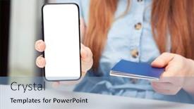  Presentation with blank - PPT theme with woman-showing-the-phone background and a teal colored foreground