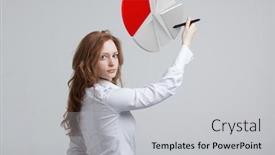  Presentation with pie chart - Colorful presentation theme enhanced with woman-shows-a-pie-chart backdrop and a light gray colored foreground