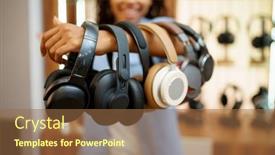  Presentation with audio - Colorful slide set enhanced with woman-shows-headphones-collection backdrop and a tawny brown colored foreground