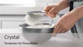  Presentation with panelist table microphones - Presentation theme featuring woman sifting flour into bowl background and a light gray colored foreground