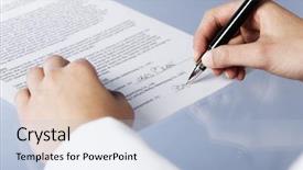  Presentation with legal document - Slides having woman signing a legal background and a light blue colored foreground