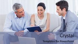  Presentation with salesman - Slide set having woman signing contract as husband and salesman watch sitting on couch background and a seafoam green colored foreground