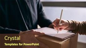  Presentation with courier delivery - Slide deck having woman-signing-for-courier-delivery background and a tawny brown colored foreground