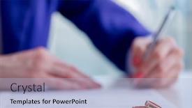  Presentation with agreement signing - PPT theme featuring woman-signing-prenuptial-agreement background and a light blue colored foreground